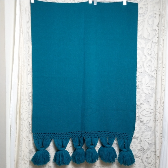 Vintage Handwoven Blanket Shawl Teal Blue Green Large Tassels 27" × 42" - Picture 4 of 7